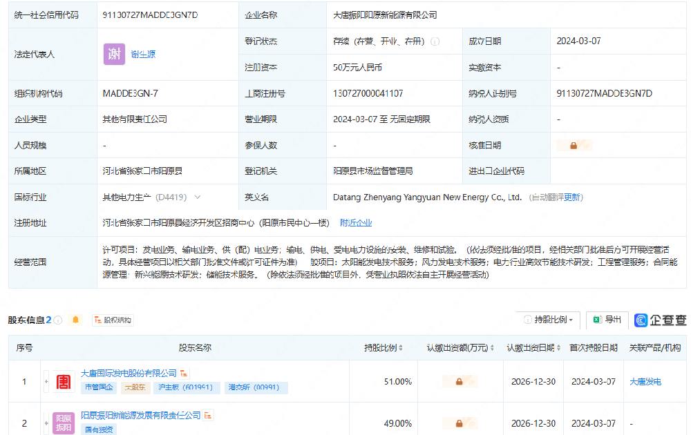 大唐發(fā)電注冊資本50萬(wàn)元成立新能源公司