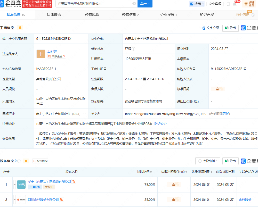 通威股份、華電在內蒙古成立新能源公司